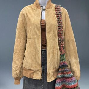 Vintage Reed Sportswear Tan Suede Bomber Jacket Grunge Core Leather Zip USA M